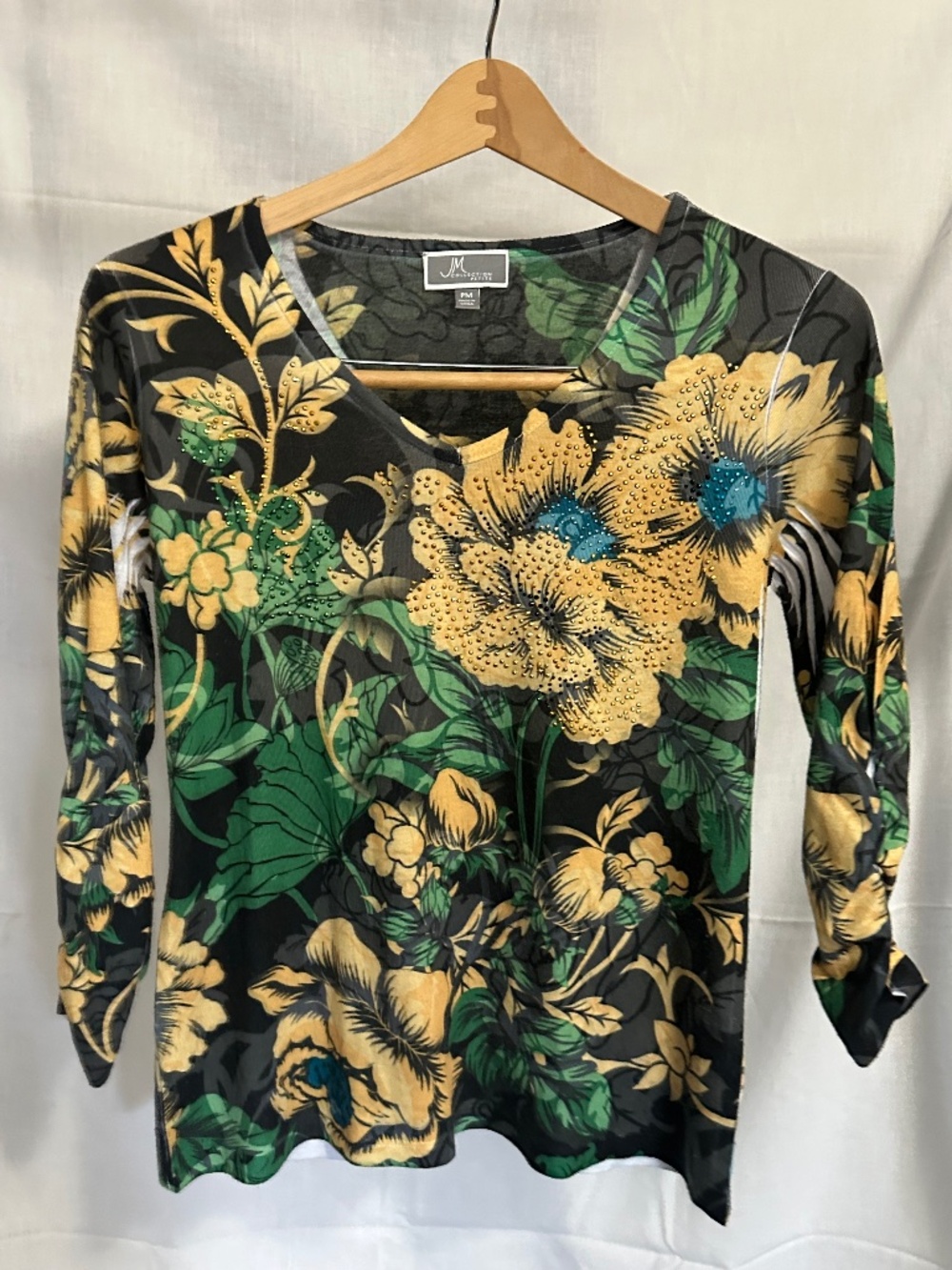 JM Collection Petite Floral Embellished Top Size PM